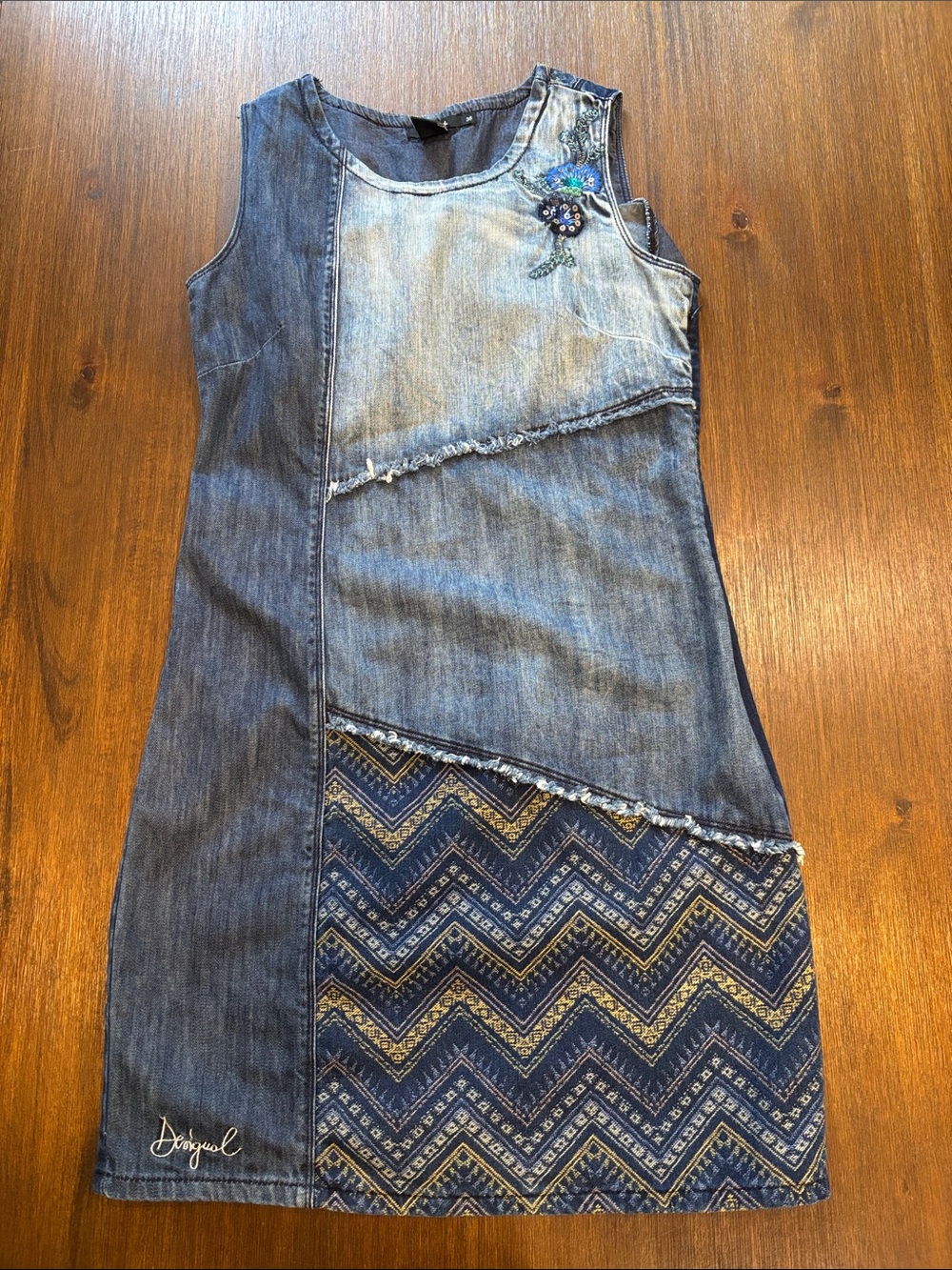 Desigual Denim Patchwork Blue Dress with Embroidered Detail